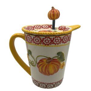 Temptations Hand Crafted & Painted 3D Pumpkin Harvest Mug Spoon & Lid 16 oz 3pcs